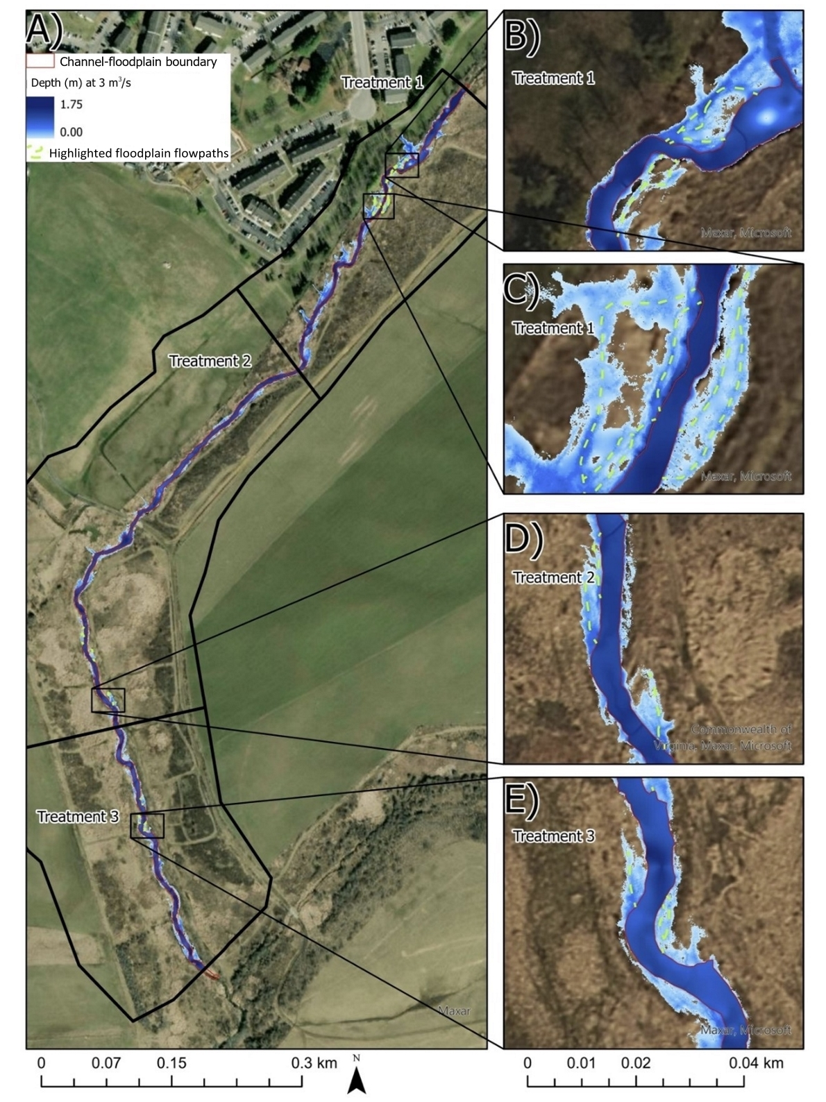 A collection of color satellite map images from 2020 that show the treatment areas and simulated depths at 3 cubic meters per second. There is one large map showing the entire area, and four smaller maps showing detail.